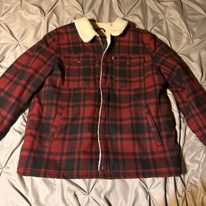 Levis Mens Sherpa Lined Buffalo Plaid Trucker Jacket Red Black Wool Blend XXL